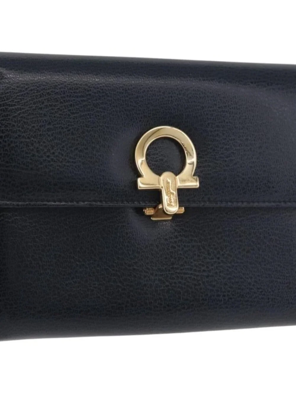 Salvatore Ferragamo Gancini Pouch Leather Navy Gold Auth BA13433A